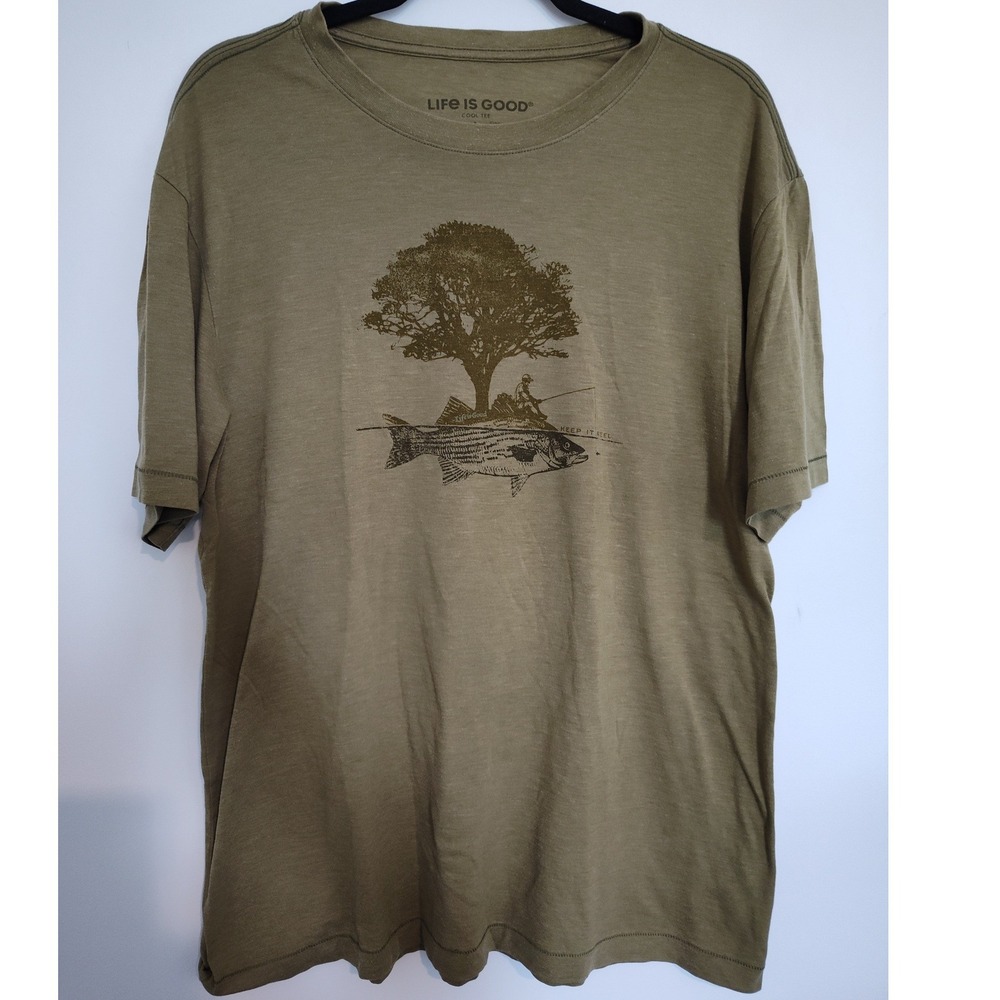 Life is Good Mens Keep It Reel Fishing Graphic Cool Tee Olive Green Heather L